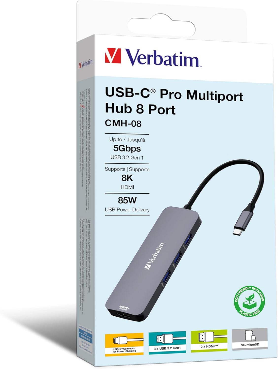 Verbatim USB-C Pro Multiport Hub 8-in-1, Multiport Adapter USB-C to HDMI, USB-A and USB-C PD, microSD & SD Card Reader, for Mac, MacBook Pro/Air, iPad Pro, Thinkpad, Windows Computer, Laptop and Co