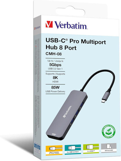Verbatim USB-C Pro Multiport Hub 8-in-1, Multiport Adapter USB-C to HDMI, USB-A and USB-C PD, microSD & SD Card Reader, for Mac, MacBook Pro/Air, iPad Pro, Thinkpad, Windows Computer, Laptop and Co