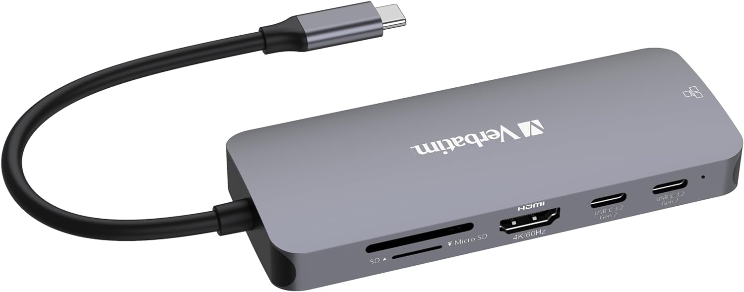 Verbatim USB C Hub 9 in 1 Multiport Adapter USB-C to HDMI RJ45 USBA-A and USB-C with SD Card Reader for Mac, MacBook Pro/Air, iPad Pro, Thinkpad, Windows Computer, Laptop and Co USB-C PRO MULTIPORT HU