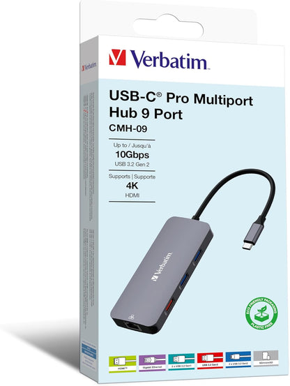 Verbatim USB C Hub 9 in 1 Multiport Adapter USB-C to HDMI RJ45 USBA-A and USB-C with SD Card Reader for Mac, MacBook Pro/Air, iPad Pro, Thinkpad, Windows Computer, Laptop and Co USB-C PRO MULTIPORT HU