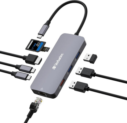 Verbatim USB C Hub 9 in 1 Multiport Adapter USB-C to HDMI RJ45 USBA-A and USB-C with SD Card Reader for Mac, MacBook Pro/Air, iPad Pro, Thinkpad, Windows Computer, Laptop and Co USB-C PRO MULTIPORT HU