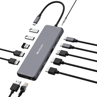 Verbatim USB C Hub 13-in-1 Multiport Adapter USB-C to HDMI, RJ45, USBA-A and USB-C PD, with SD Card Reader, for Mac, MacBook Pro/Air, iPad Pro, Thinkpad, Windows Computer, Laptop and Co USB-C PRO MULT