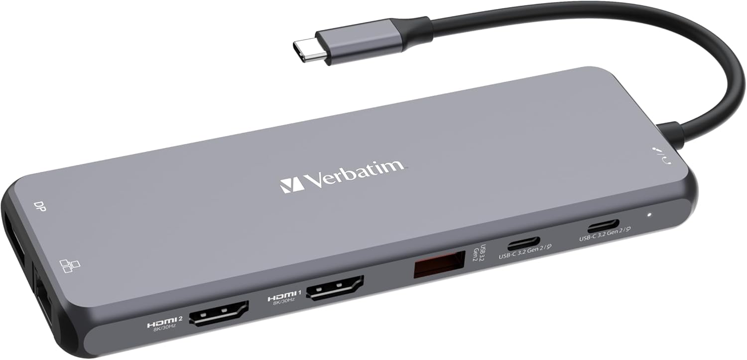 Verbatim USB C Hub 13-in-1 Multiport Adapter USB-C to HDMI, RJ45, USBA-A and USB-C PD, with SD Card Reader, for Mac, MacBook Pro/Air, iPad Pro, Thinkpad, Windows Computer, Laptop and Co USB-C PRO MULT