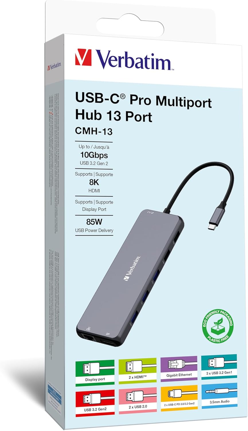Verbatim USB C Hub 13-in-1 Multiport Adapter USB-C to HDMI, RJ45, USBA-A and USB-C PD, with SD Card Reader, for Mac, MacBook Pro/Air, iPad Pro, Thinkpad, Windows Computer, Laptop and Co USB-C PRO MULT