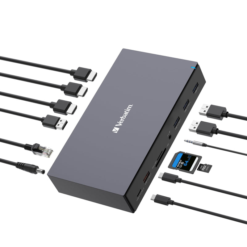 Verbatim USB-C Pro Docking Station, 17 in 1, adattatore multiporta a HDMI 4K e 8K, USB-A e USB-C, PD 100 W, AUX, lettore di schede per Mac/Windows Laptop e Co