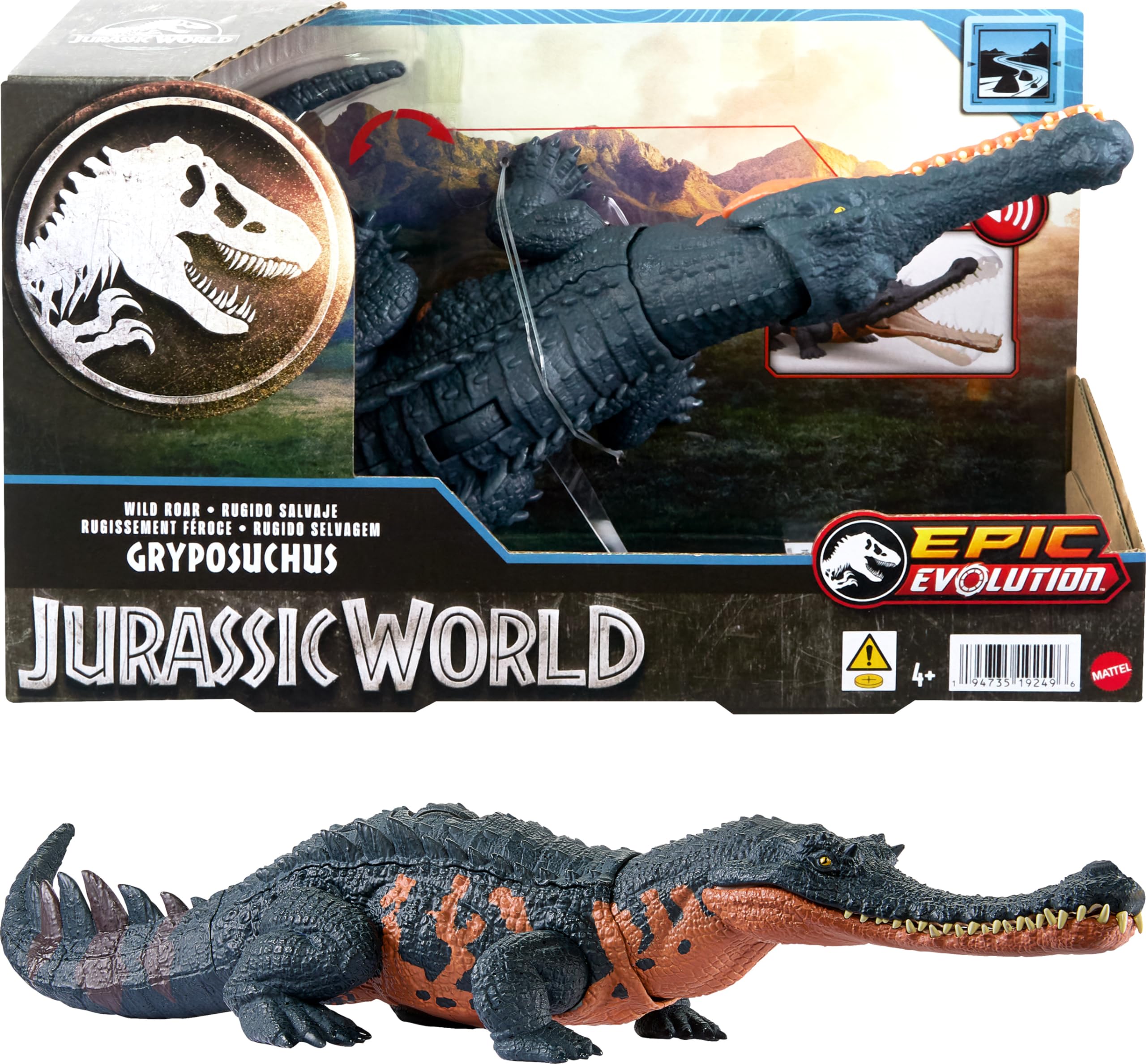 Mattel Jurassic World Wild Roar Gryposuchus Dinosaur Figure with Continuing Roar Sound & Attack Action, Posable Physical Toy & Digital Play, HTK71