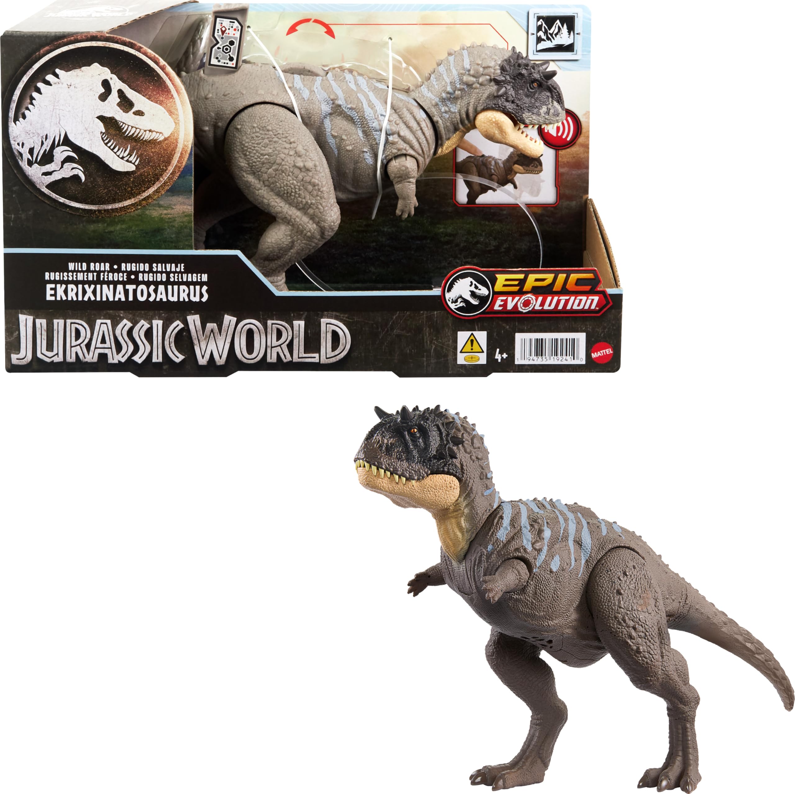 Mattel Jurassic World Wild Roar Ekrixinatosaurus Dinosaur Figure with Continuing Roar Sound & Attack Action, Posable Physical Toy & Digital Play, HTK70