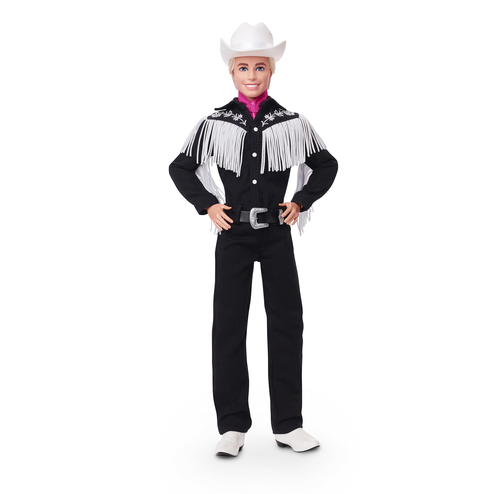 Barbie THE MOVIE, Ken Doll wearing Black and White Western Outfit, with Pink bandana tied at his neck, HRF30
