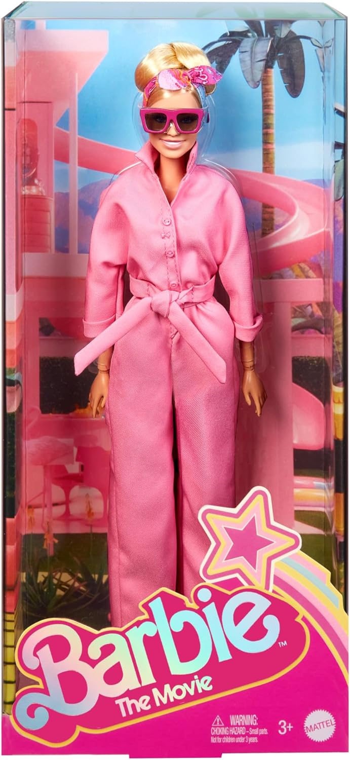 Barbie THE MOVIE, Margot Robbie as Barbie Doll from the movie, wearing pink jumpsuit, sunglasses and hairscarf, HRF29