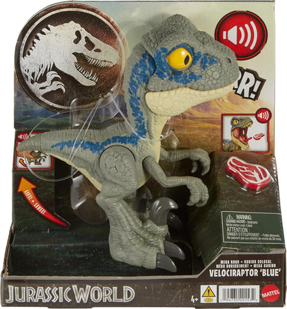Mattel- Jurassic World Mega Roar Velociraptor Azul Blue, Multicolor (HVB44