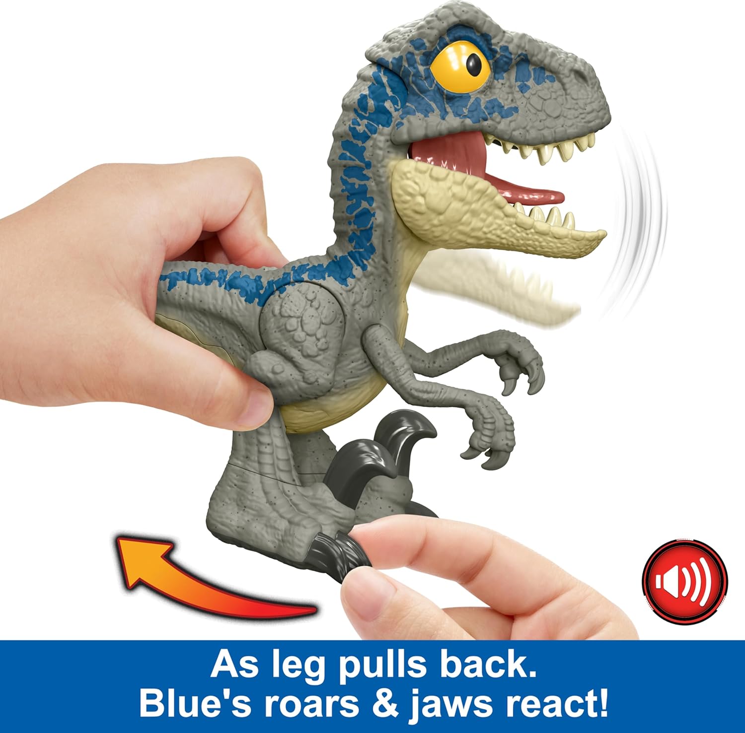 Mattel- Jurassic World Mega Roar Velociraptor Azul Blue, Multicolor (HVB44