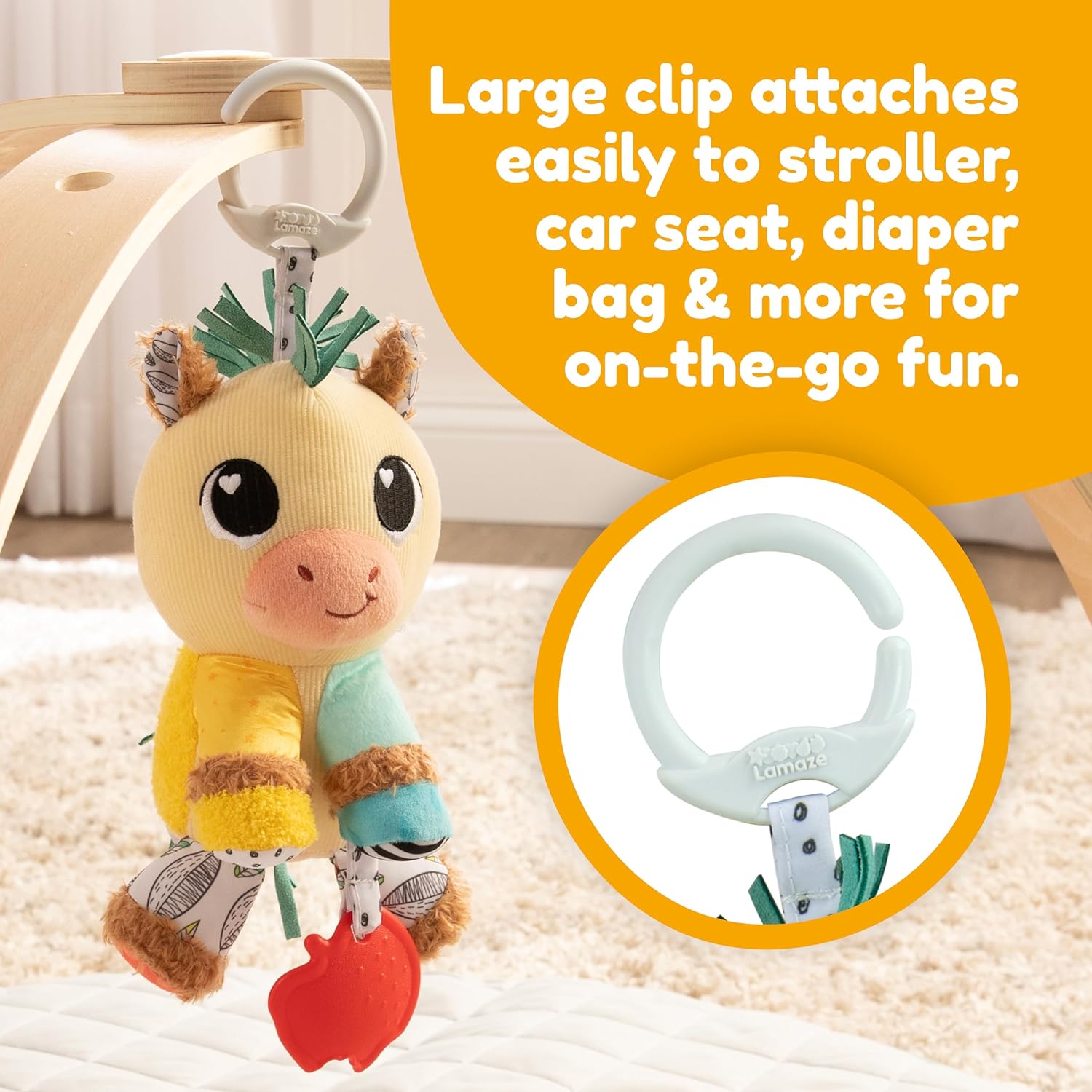 LAMAZE Carson Clydesdale - Clip and Go Baby Pram Toys - Sensory Toys for Babies - Early Learning Baby Toys 0-6 Months and Up - Expertly Designed Newborn Toys - Baby Shower Gifts