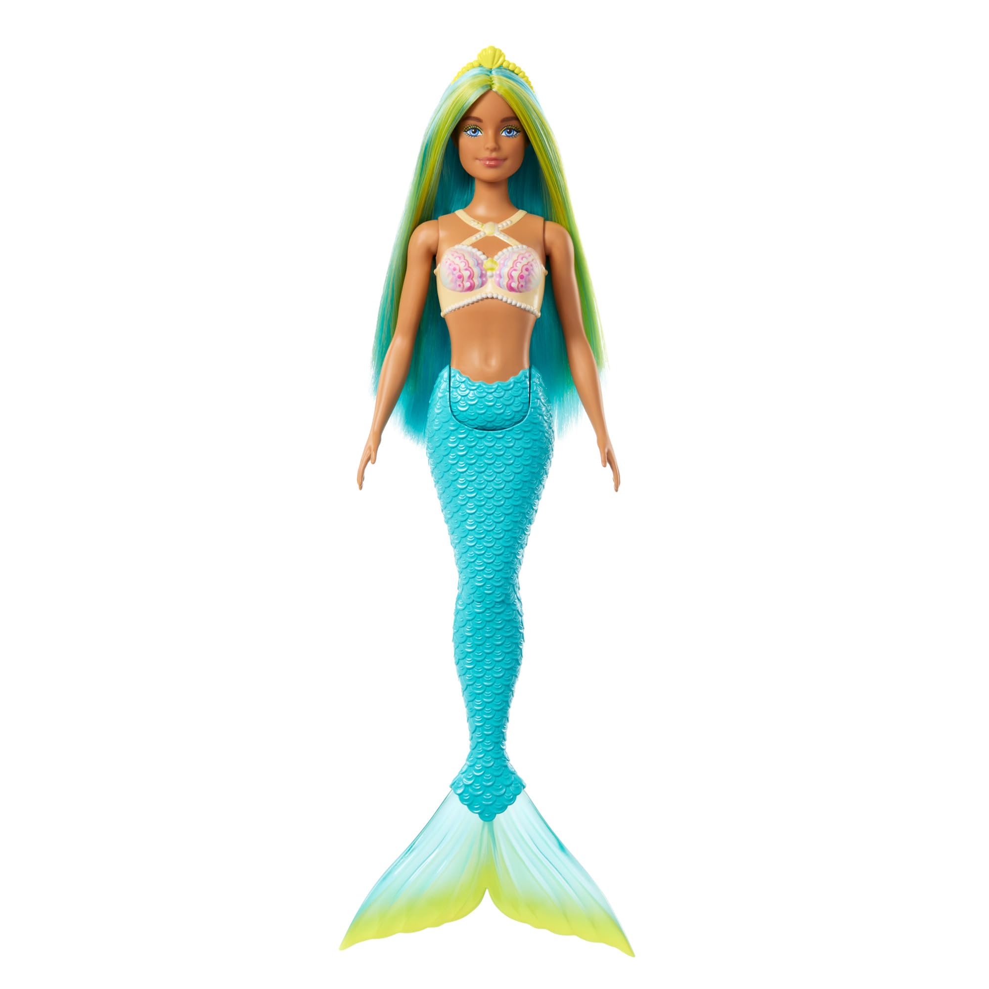 Barbie Mermaid Doll with Two-Tone Blue and Yellow Fantasy Hair and Headband Accessory, Toy with Shell Bodice and Turquoise Tail, HRR03