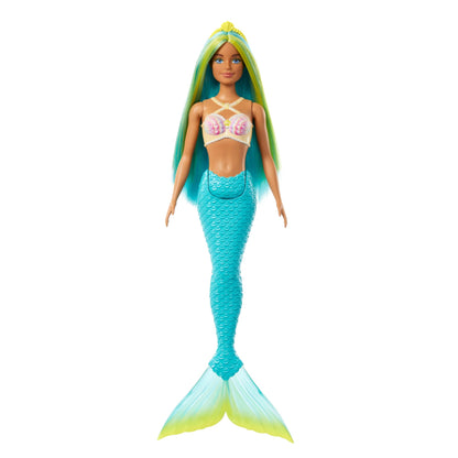 Barbie Mermaid Doll with Two-Tone Blue and Yellow Fantasy Hair and Headband Accessory, Toy with Shell Bodice and Turquoise Tail, HRR03
