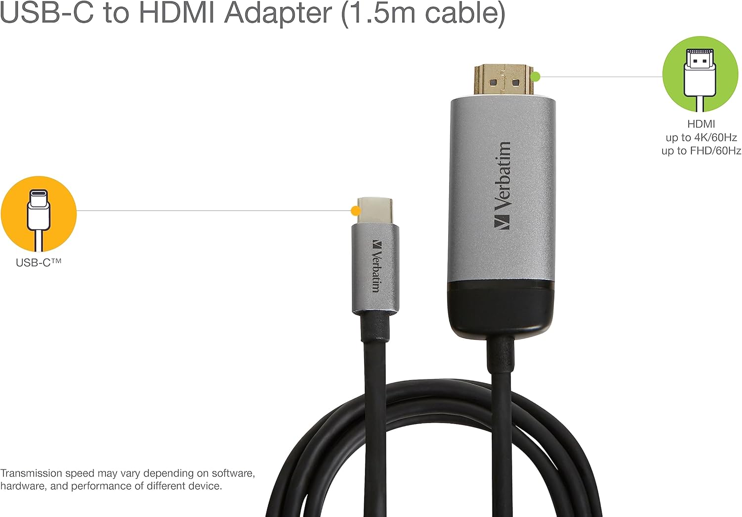 Verbatim USB-C to HDMI 4K Adapter for Laptops and MacBooks, Male-to-Male, 1.5m