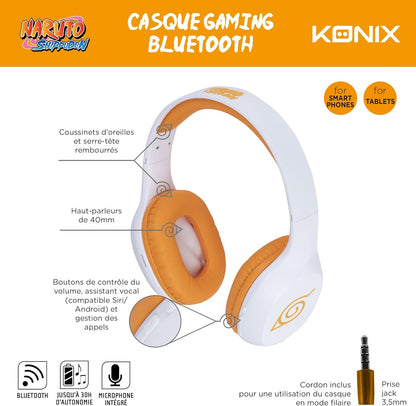 Konix Naruto Shippuden Wireless Bluetooth 5.3 Headphones for Smartphones and Tablets - 30 Hours Battery Life - 3.5 mm Jack Cable - Naruto Motif