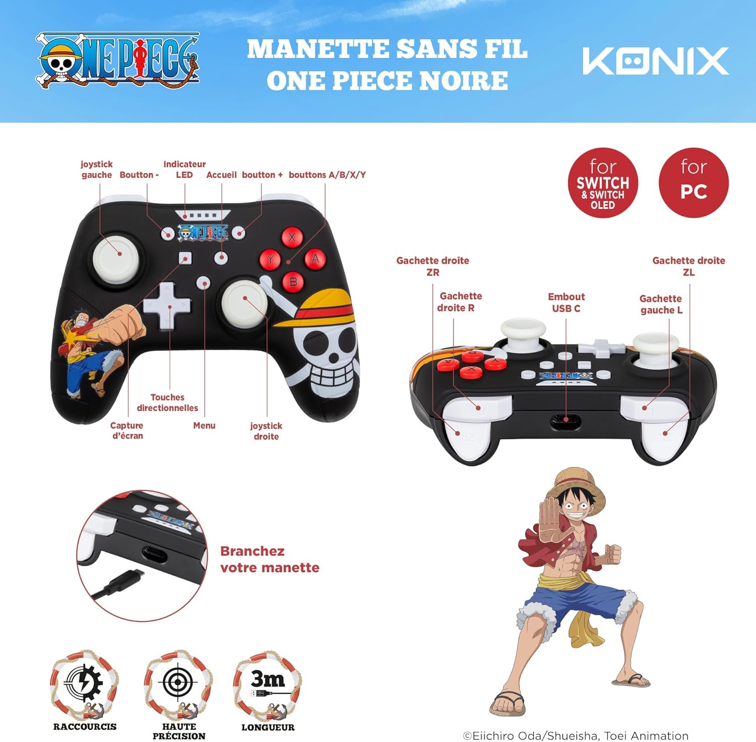 Konix Controller cablato One Piece per Nintendo Switch, Switch OLED e PC - Funzione vibrazione - Cavo da 3 m - Motivo Luffy - Nero