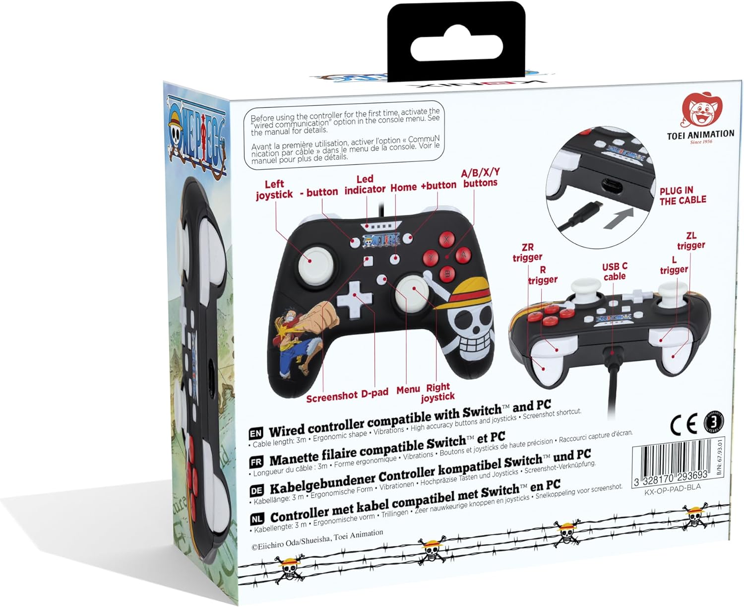 Konix Controller cablato One Piece per Nintendo Switch, Switch OLED e PC - Funzione vibrazione - Cavo da 3 m - Motivo Luffy - Nero