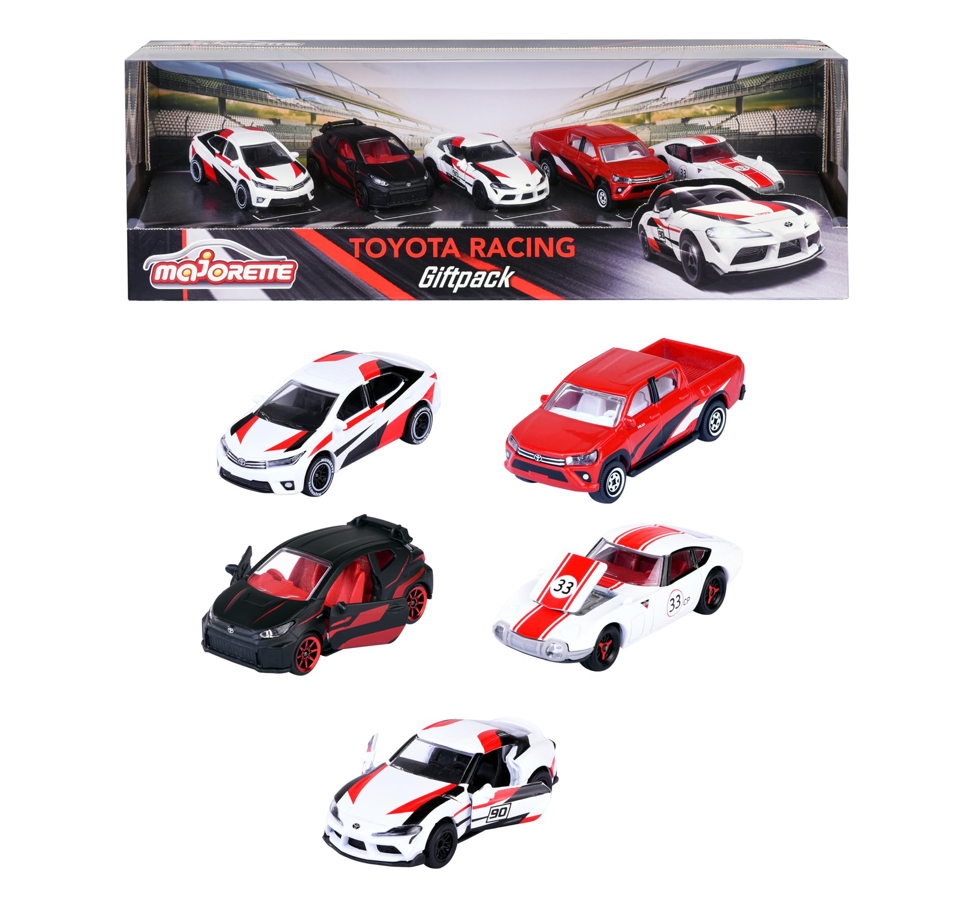 Majorette Toyota Racing Toy Cars (Gift Set of 5 Cars) - Metal Model Cars with Freewheel and Suspension, Each 7.5 cm, Car Toy for Children from 3 Years