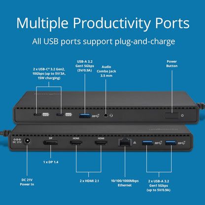 Kensington SD4842P USB-C Triple Video HD (1080p @ 120Hz) Docking Station, Up to 100W Power Delivery, 5 x Plug and Charge USB Ports, Made From 73% Post-Consumer Recycled Content (K32810EU
