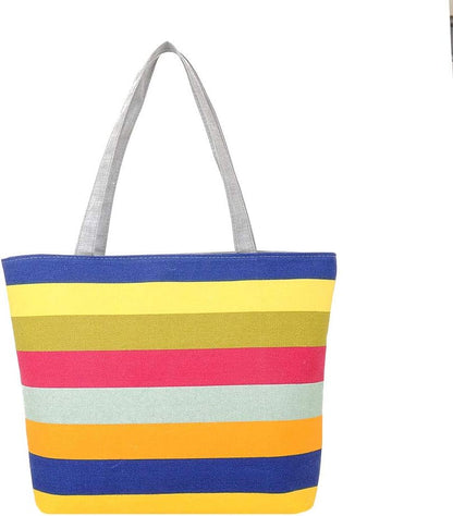BIGbirdyi Shoulder Bags, Summer Beach Shoulder Bag Handbag Fashion Strips Canvas Shopping Tote Zipper Large Capacity for Women - Section Three