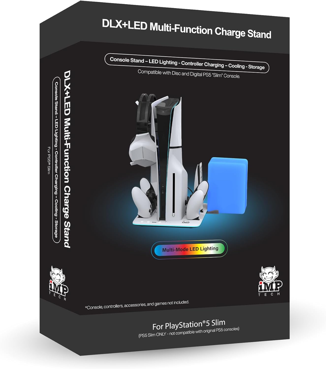 Imp Gaming DLX LED Twin Charging Tower With Cooling Fans & Game Storage Stand PlayStation 5 Slim