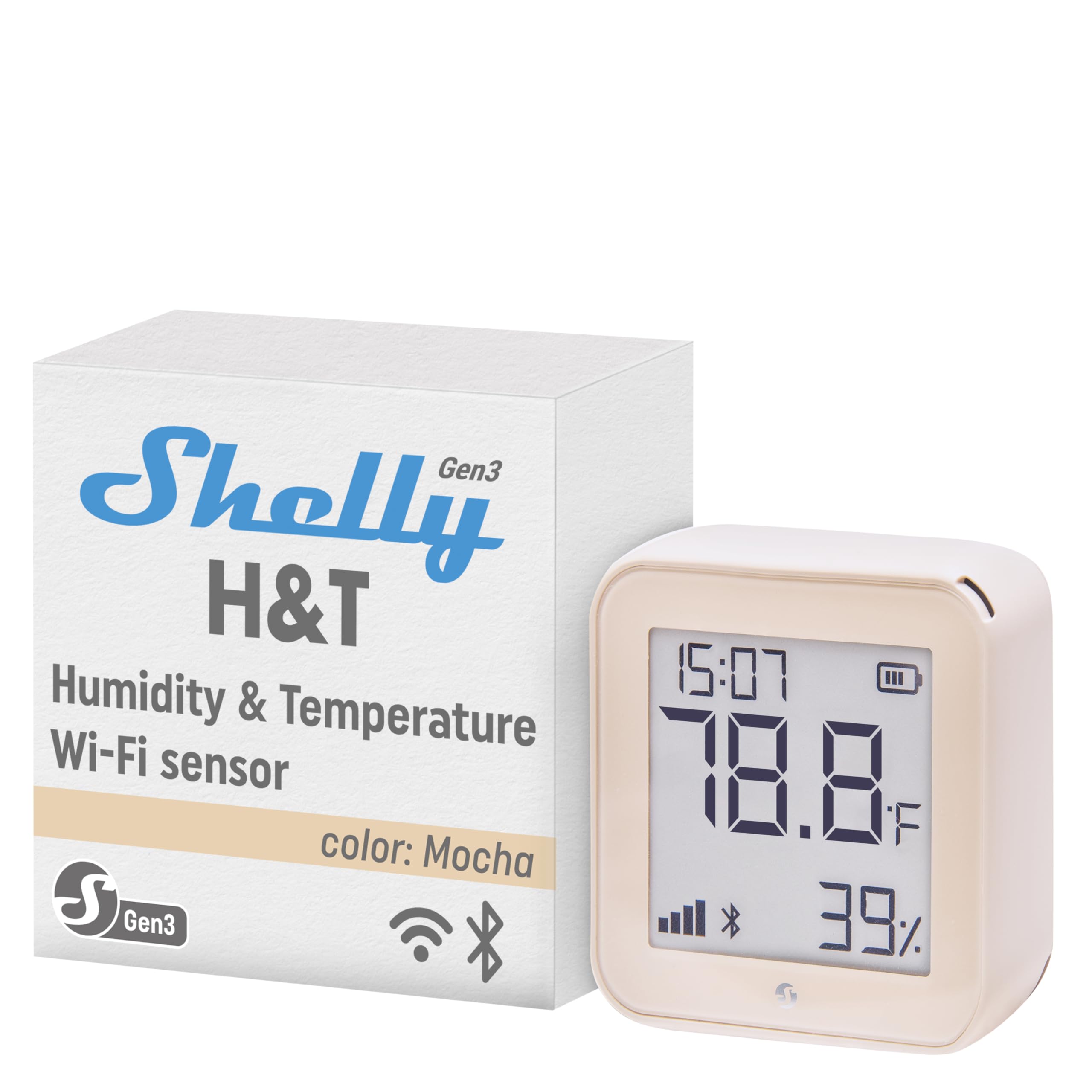 Shelly H&T Gen 3 Mocha | 2er Pack |Wi-Fi und Bluetooth Temperatur&Luftfeuchtigkeitssensor | Hausautomation | Kein Hub erforderlich | Lange Batterielebensdauer | Wandmontierbar