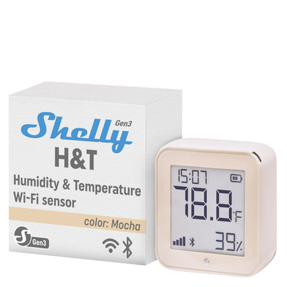Shelly H&T Gen 3 Mocha | 2er Pack |Wi-Fi und Bluetooth Temperatur&Luftfeuchtigkeitssensor | Hausautomation | Kein Hub erforderlich | Lange Batterielebensdauer | Wandmontierbar