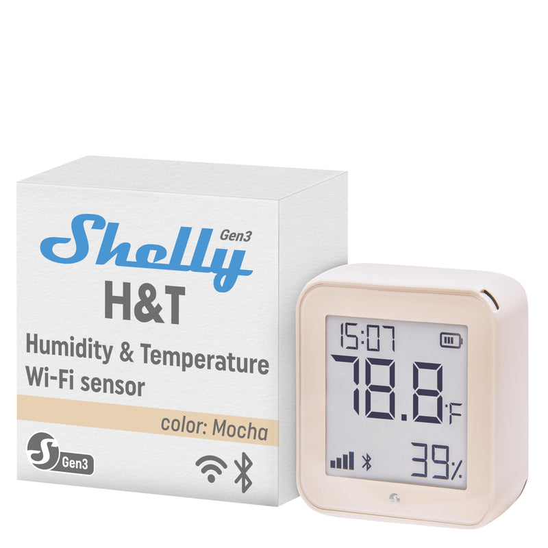 Shelly H&T Gen 3 Mocha | 2er Pack |Wi-Fi und Bluetooth Temperatur&Luftfeuchtigkeitssensor | Hausautomation | Kein Hub erforderlich | Lange Batterielebensdauer | Wandmontierbar