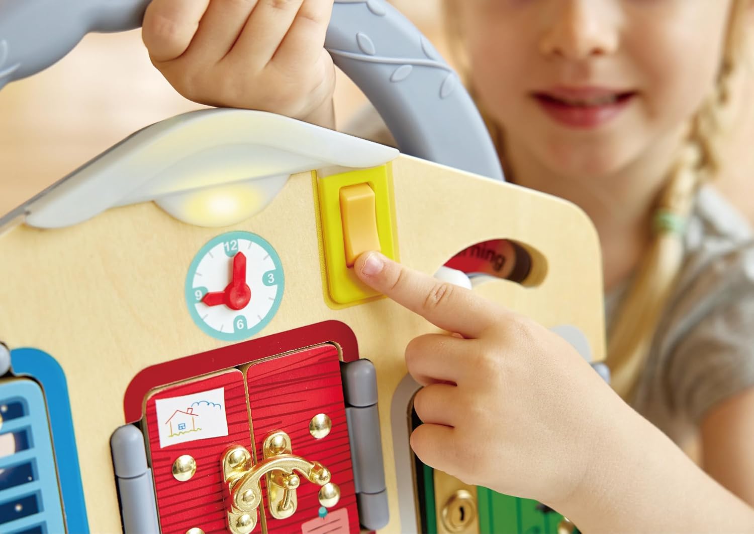 Hape Lock & Learn Playboard – Unlocking Adventure, Develop Fine Motor Skills, Includes Latches, Clock & Light, 3Y+