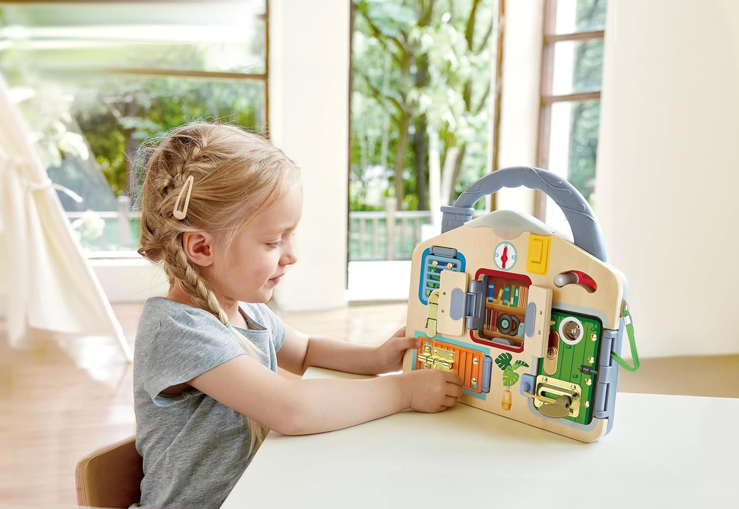 Hape Lock & Learn Playboard – Unlocking Adventure, Develop Fine Motor Skills, Includes Latches, Clock & Light, 3Y+