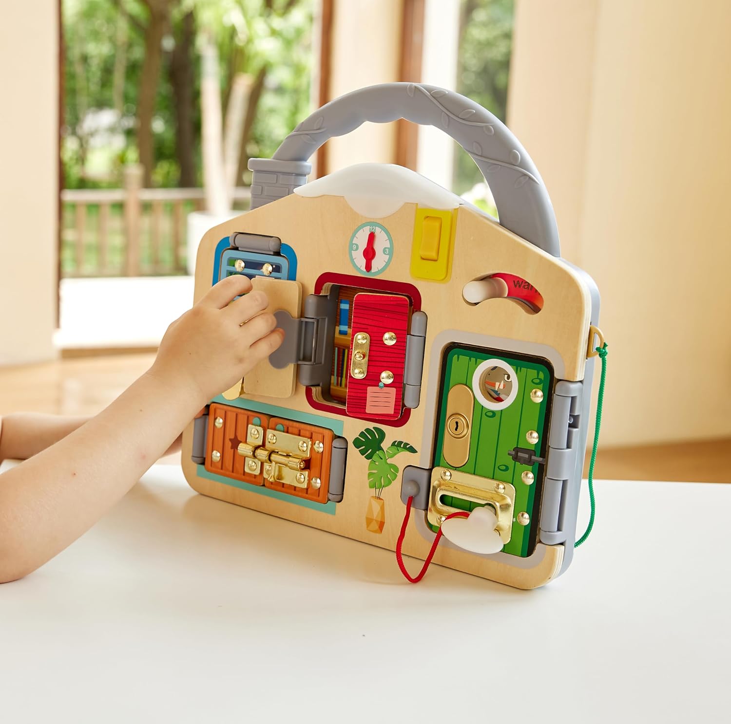 Hape Lock & Learn Playboard – Unlocking Adventure, Develop Fine Motor Skills, Includes Latches, Clock & Light, 3Y+