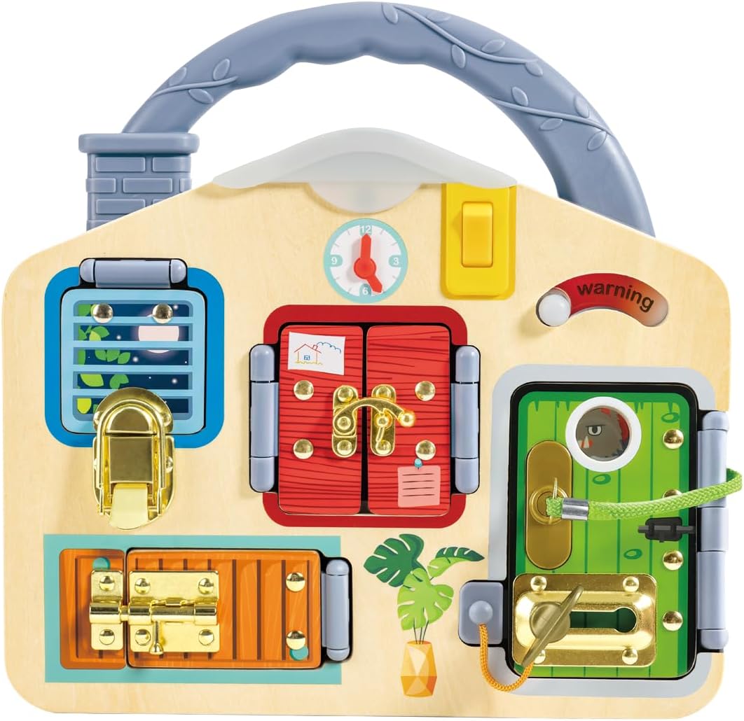 Hape Lock & Learn Playboard – Unlocking Adventure, Develop Fine Motor Skills, Includes Latches, Clock & Light, 3Y+