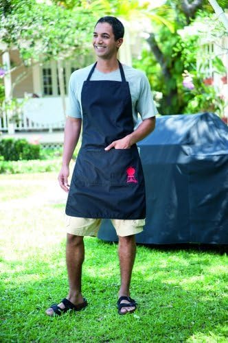 Weber Delantal para barbacoa, largo, con logo rojo de Weber Kettle, tamaño ajustable en el cuello, protege la ropa de las manchas, 100% algodón, lavable en lavadora - Negro (6474
