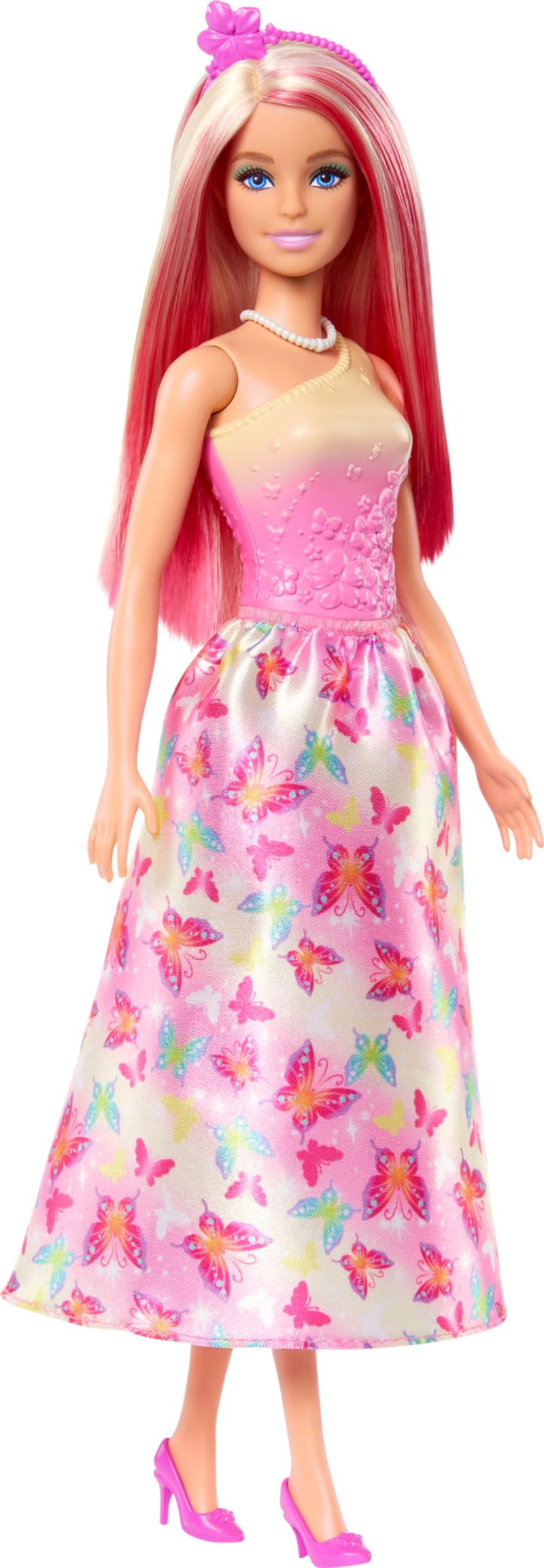 Barbie Royal Doll with Pink and Blonde Fantasy Hair, Colorful Accessories, Pink Ombre Bodice and Butterfly-Print Skirt, HRR08