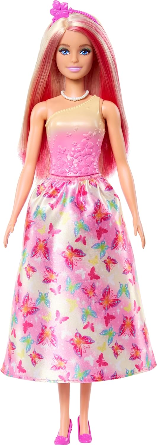Barbie Royal Doll with Pink and Blonde Fantasy Hair, Colorful Accessories, Pink Ombre Bodice and Butterfly-Print Skirt, HRR08