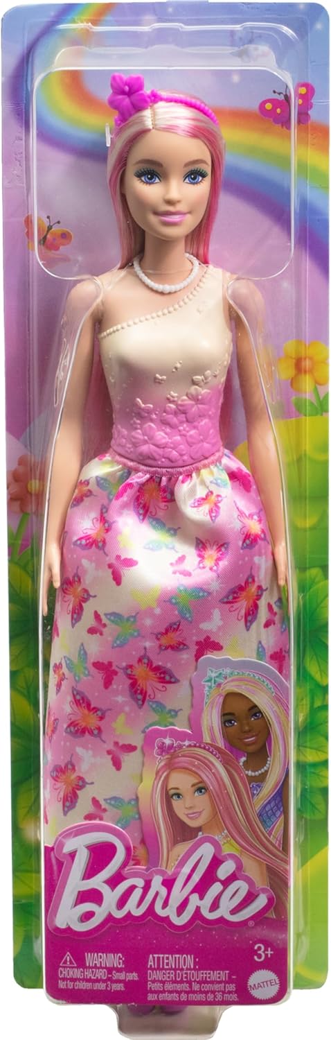 Barbie Royal Doll with Pink and Blonde Fantasy Hair, Colorful Accessories, Pink Ombre Bodice and Butterfly-Print Skirt, HRR08