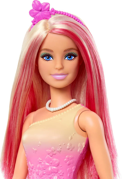 Barbie Royal Doll with Pink and Blonde Fantasy Hair, Colorful Accessories, Pink Ombre Bodice and Butterfly-Print Skirt, HRR08