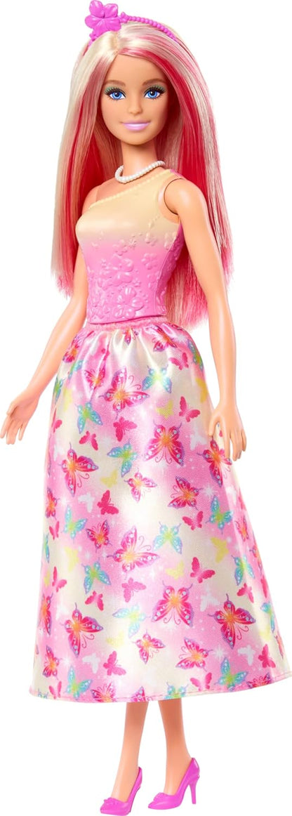Barbie Royal Doll with Pink and Blonde Fantasy Hair, Colorful Accessories, Pink Ombre Bodice and Butterfly-Print Skirt, HRR08