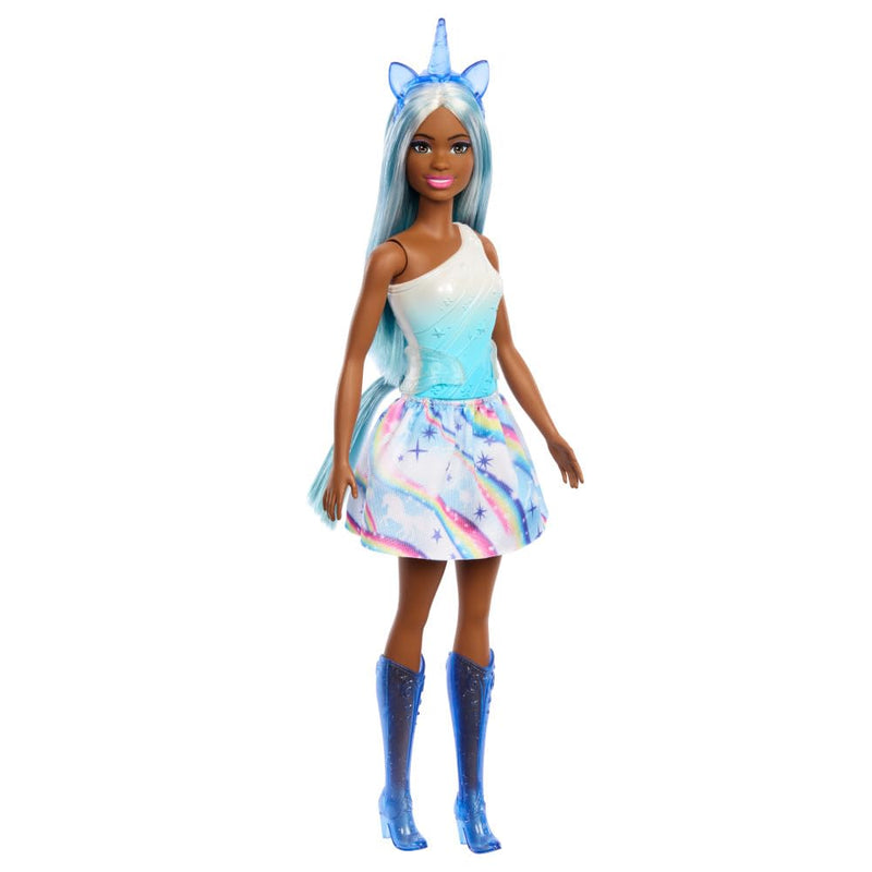 Barbie Unicorn Doll with Blue Fantasy Hair, Ombre Blue Outfit, and Unicorn-Themed Fantasy Accessories, HRR14