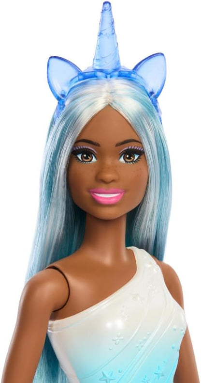 Barbie Unicorn Doll with Blue Fantasy Hair, Ombre Blue Outfit, and Unicorn-Themed Fantasy Accessories, HRR14