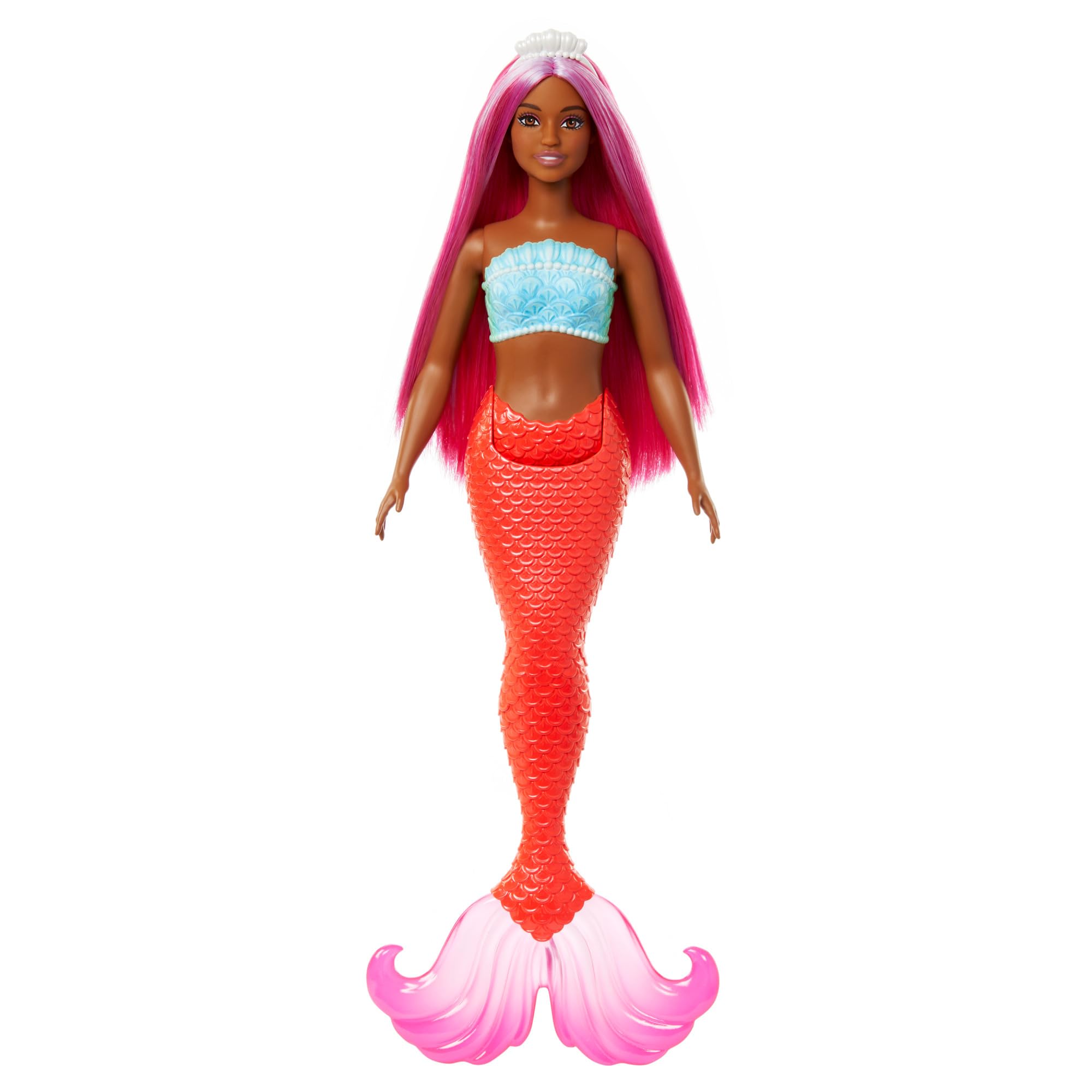 Barbie Muñeca Sirena con Cabello de fantasía Magenta y Diadema, Cuerpo con Curvas, corpiño de Conchas y Cola Tropical roja - para niños y niñas + 3 años, HRR04