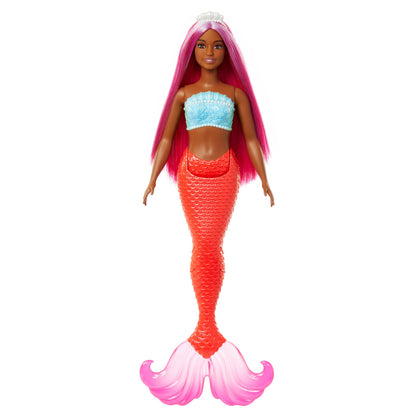 Barbie Muñeca Sirena con Cabello de fantasía Magenta y Diadema, Cuerpo con Curvas, corpiño de Conchas y Cola Tropical roja - para niños y niñas + 3 años, HRR04