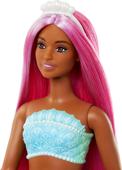 Barbie Muñeca Sirena con Cabello de fantasía Magenta y Diadema, Cuerpo con Curvas, corpiño de Conchas y Cola Tropical roja - para niños y niñas + 3 años, HRR04