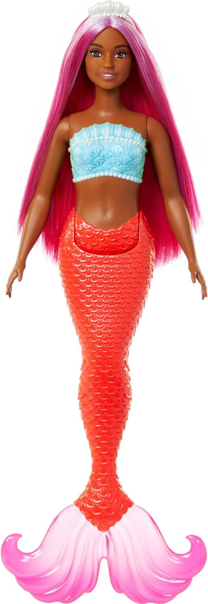 Barbie Muñeca Sirena con Cabello de fantasía Magenta y Diadema, Cuerpo con Curvas, corpiño de Conchas y Cola Tropical roja - para niños y niñas + 3 años, HRR04