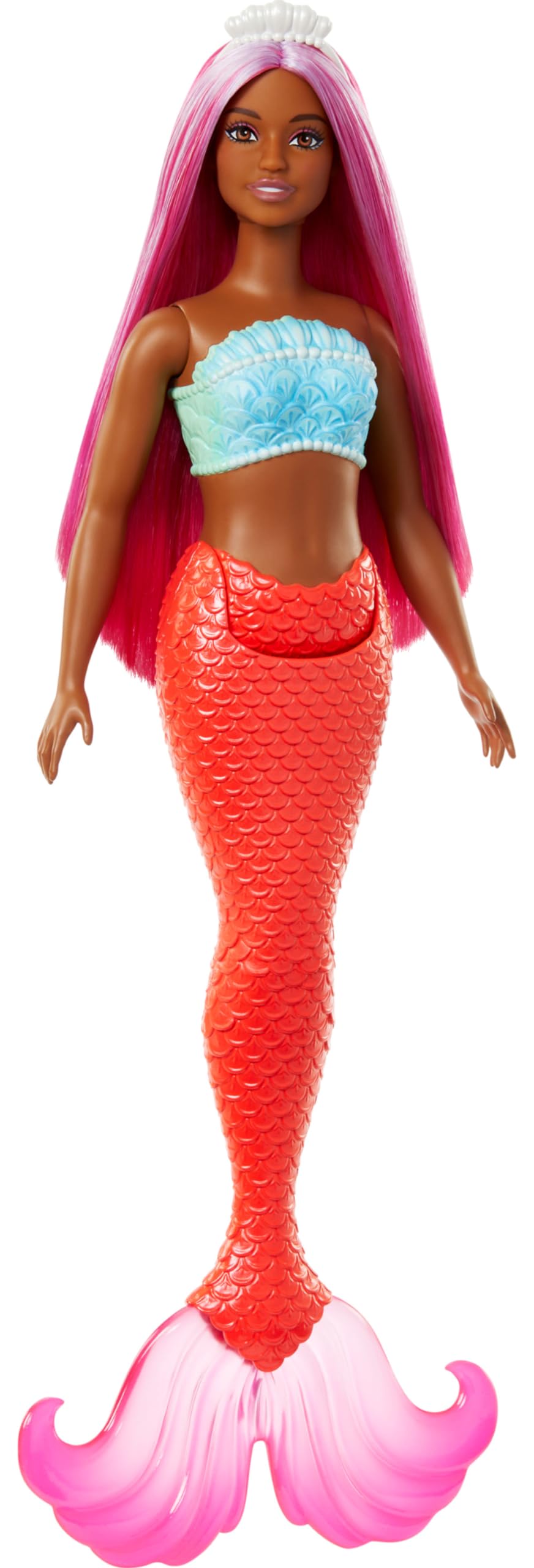 Barbie Muñeca Sirena con Cabello de fantasía Magenta y Diadema, Cuerpo con Curvas, corpiño de Conchas y Cola Tropical roja - para niños y niñas + 3 años, HRR04
