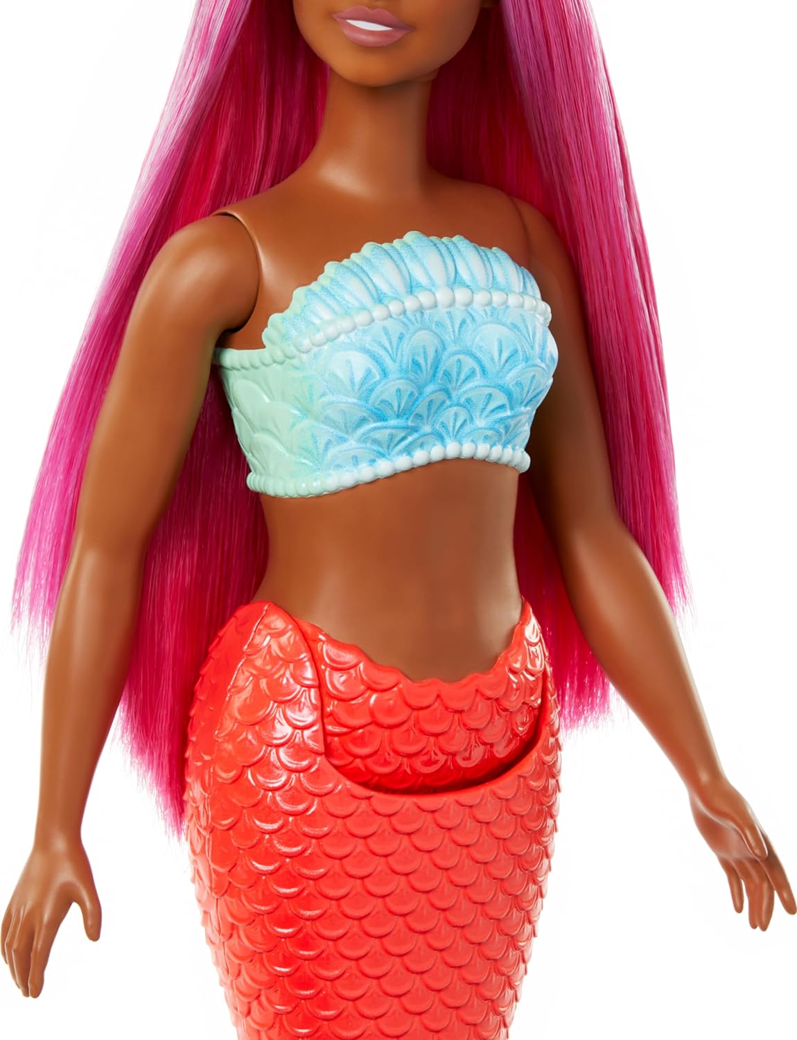 Barbie Muñeca Sirena con Cabello de fantasía Magenta y Diadema, Cuerpo con Curvas, corpiño de Conchas y Cola Tropical roja - para niños y niñas + 3 años, HRR04
