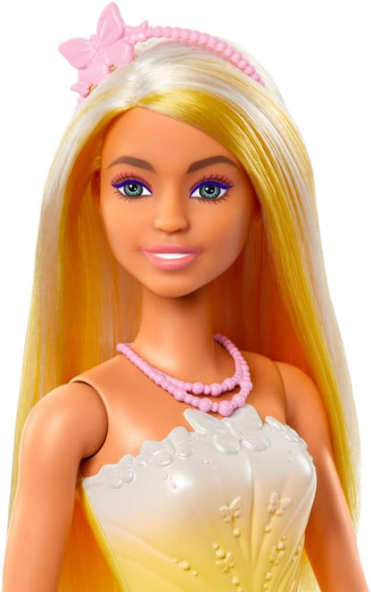Barbie Royal Doll with Brightly Highlighted Fantasy Hair, Colorful Accessories, Yellow Ombre Bodice and Butterfly-Print Skirt, HRR09