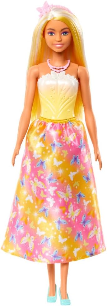 Barbie Royal Doll with Brightly Highlighted Fantasy Hair, Colorful Accessories, Yellow Ombre Bodice and Butterfly-Print Skirt, HRR09