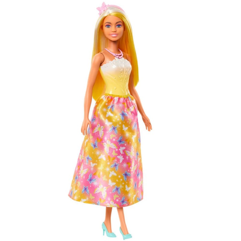 Barbie Royal Doll with Brightly Highlighted Fantasy Hair, Colorful Accessories, Yellow Ombre Bodice and Butterfly-Print Skirt, HRR09